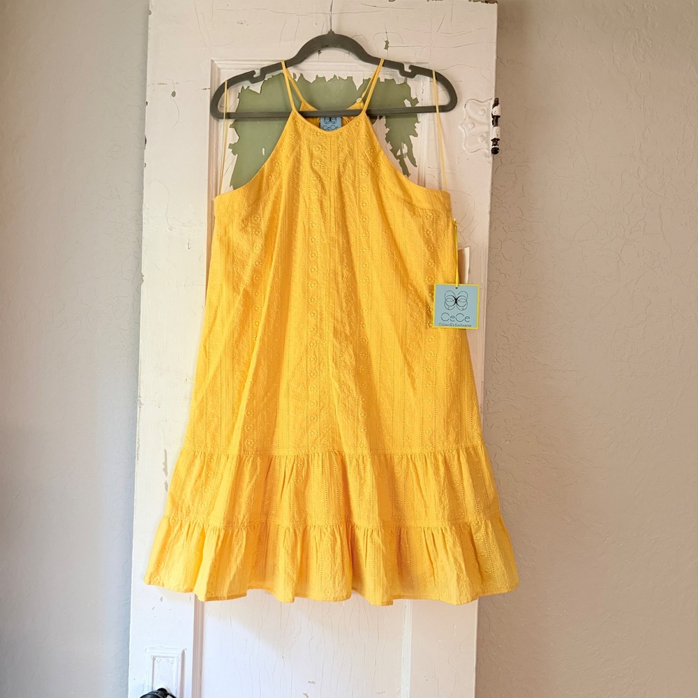 CeCe Yellow Eyelet Halter Tiered Mini Dress Dillard's Exclusive Size 4 NWT
